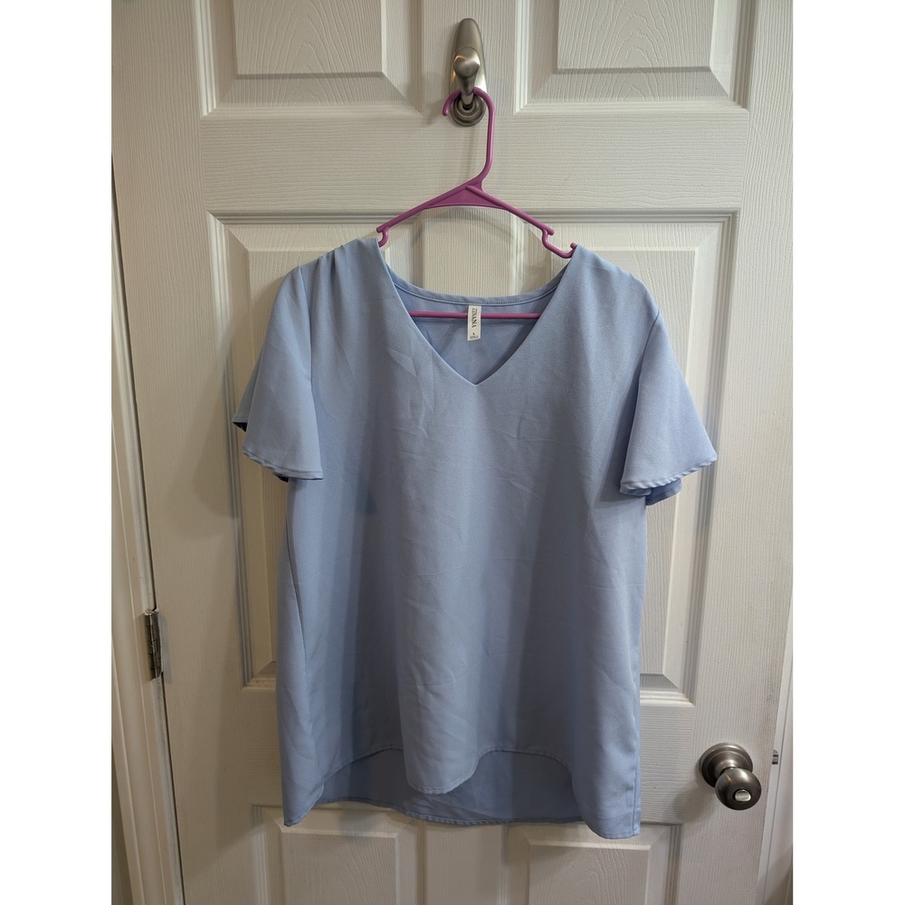 Zenana Light Blue Flutter Sleeve V Neck Tunic Top Womens - Size L